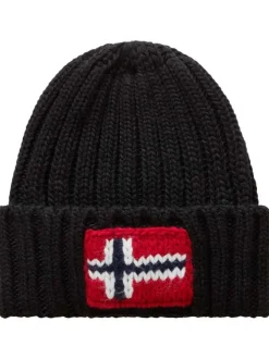 Bonnet noir en maille côtelée avec drapeau norvégien et revers haut