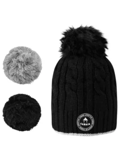 Bonnet noir en maille torsadée avec pompons interchangeables