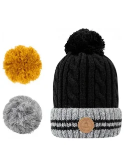 Bonnet noir à revers gris avec bandes et pompons interchangeables