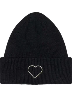 Bonnet noir uni avec revers sur le bas et un cœur blanc sur le devant