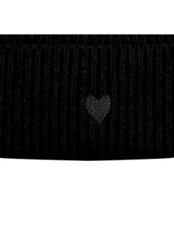 Bonnet noir uni côtelé avec broderie de coeur ton sur ton sur le revers