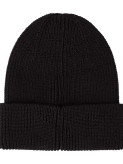 Bonnet noir uni côtelé avec nom de la marque brodé en blanc à l'avant