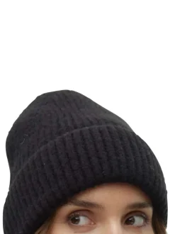 Bonnet noir uni en maille côtelée avec un large revers