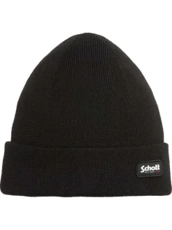 Bonnet noir uni en maille fine avec un patch brodé sur le revers