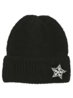 Bonnet noir uni à revers et en tricot avec strass en forme d'étoile