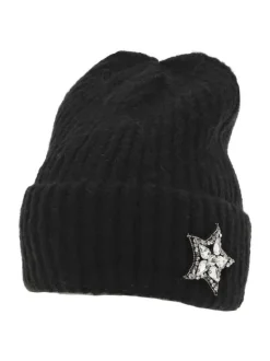 Bonnet noir uni à revers et en tricot avec strass en forme d'étoile