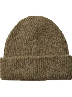 Bonnet à revers taupe uni en maille côtelé et en polyester recyclé