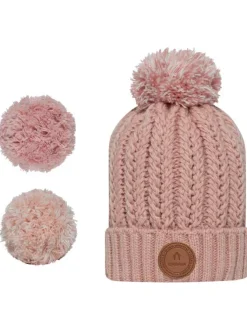 Bonnet rose uni tressé avec pompons interchangeables avec patch