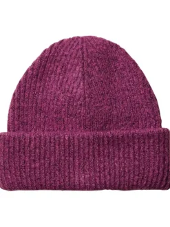 Bonnet violet framboise chiné en maille côtelée avec un grand revers