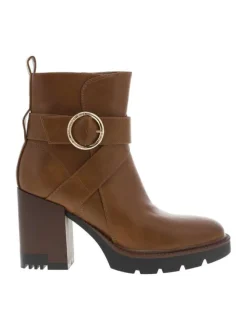 Boots camel à talon décroché haut avec un zip et une boucle décorative