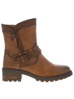 Boots cognac à talon décroché moyen avec un zip et une boucle décorative