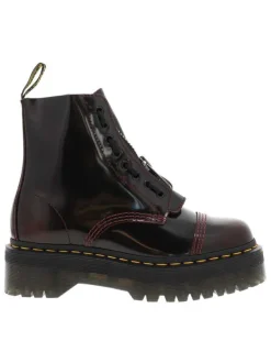 Boots en cuir bordeaux à talon plateau avec un zip et des lacets ronds
