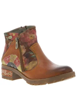 Boots en cuir camel à talon décroché bas avec des fermetures zippées
