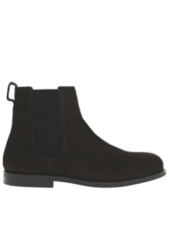 Boots en cuir chocolat à talon décroché bas avec des soufflets élastiqués