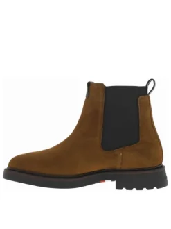 Boots en cuir cognac à talon décroché bas avec soufflets élastiqués