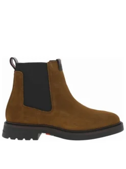 Boots en cuir cognac à talon décroché bas avec soufflets élastiqués