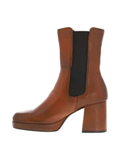 Boots en cuir marron à semelle surélevée à talon bloc décroché haut et à soufflets élastiqués contrastés