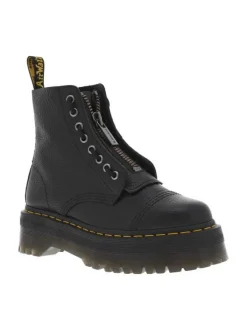 Boots en cuir noires à talon plateau avec un zip et revêtement en grains