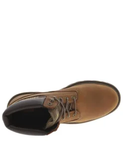 Boots en cuir nubuck marron à surpiqures contrastées avec logos cousus et fermetures par lacets tressés ronds bicolores