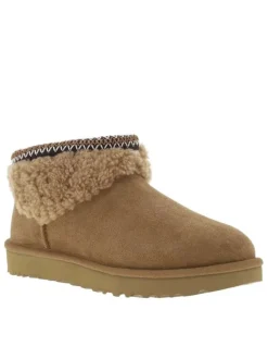 Boots naturel plat avec intérieur chaud fourré et tour de pieds brodé