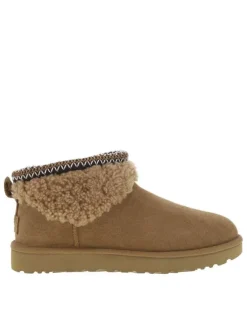 Boots naturel plat avec intérieur chaud fourré et tour de pieds brodé