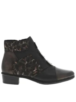 Boots noires et bronze à talon décroché bas, avec zip latéral et logo embossé