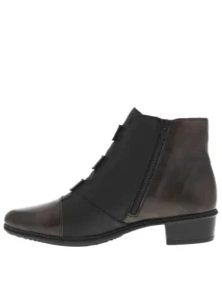 Boots noires et bronze à talon décroché bas, avec zip latéral et logo embossé