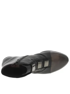 Boots noires et bronze à talon décroché bas, avec zip latéral et logo embossé