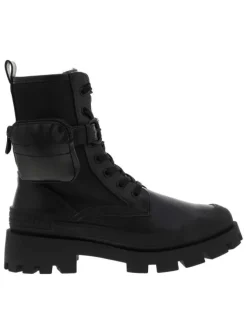 Boots noires à semelle plateforme plate à talon décroché moyen et à lacets et zip latéral