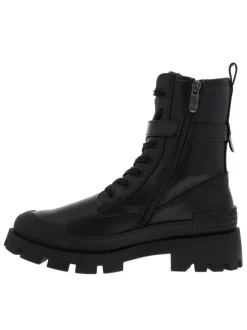 Boots noires à semelle plateforme plate à talon décroché moyen et à lacets et zip latéral