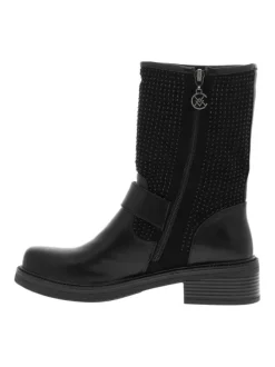 Boots noires à strass avec un talon décroché bas et un zip avec logo