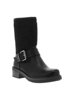 Boots noires à strass avec un talon décroché bas et un zip avec logo