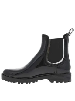 Boots noires à talon décroché bas et à soufflets élastiqués et détail argenté