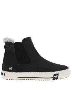 Boots noires à talon plat et à soufflets élastiqués avec col en fourrure