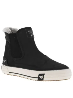 Boots noires à talon plat et à soufflets élastiqués avec col en fourrure
