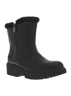 Boots noires à talon plat et à zip avec col en fourrure et vernis sélectif