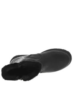 Boots noires à talon plat et à zip avec col en fourrure et vernis sélectif