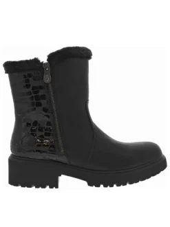Boots noires à talon plat et à zip avec col en fourrure et vernis sélectif