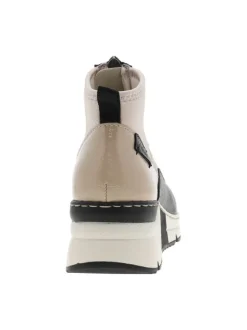 Boots noir et beige à talon semi-compensée avec un zip central
