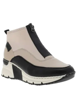 Boots noir et beige à talon semi-compensée avec un zip central