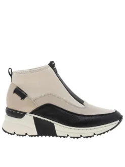 Boots noir et beige à talon semi-compensée avec un zip central