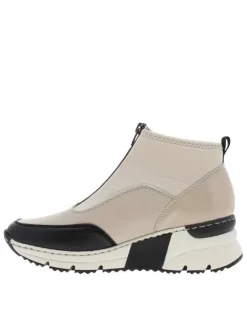Boots noir et beige à talon semi-compensée avec un zip central