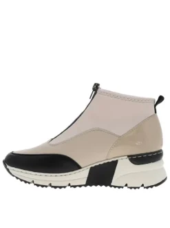 Boots noir et beige à talon semi-compensée avec un zip central