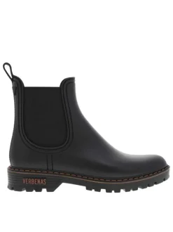 Boots noir mat, à trépointe beige, talon décroché bas et soufflet élastiqué