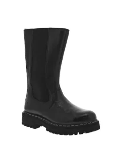 Bottes en cuir grainé à bout patiné noir à semelle plateforme à talon décroché moyen et à soufflets élastiqués