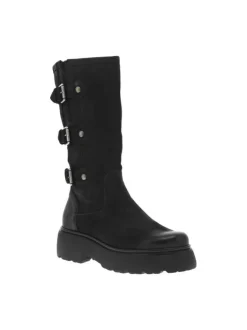 Bottes en cuir noires à semelle à talon compensé bas et boucles décoratives