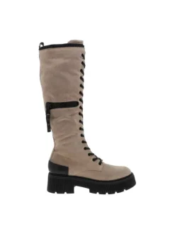 Bottes en cuir nubuck beige à semelle chuncky à talon décroché moyen, à lacets et zip latéral