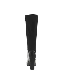 Bottes noires avec talon à décroché haut, logo noir et fermeture zippée latérale