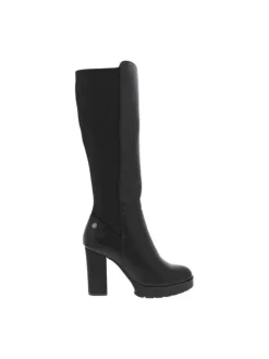 Bottes noires avec talon à décroché haut, logo noir et fermeture zippée latérale