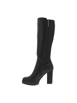 Bottes noires avec talon à décroché haut, logo noir et fermeture zippée latérale